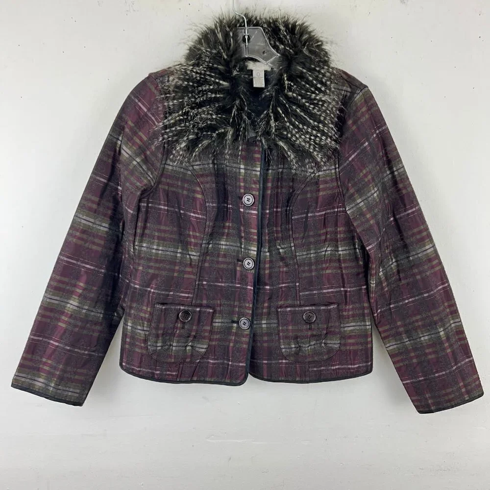 CHICOS sz 0 (S) Reversible‎ Solid Gray Burgundy Plaid Faux Fur Collar Jacket